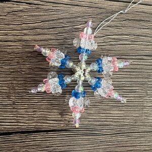 Vintage Handmade Blue Pink Beaded Snowflake Ornament